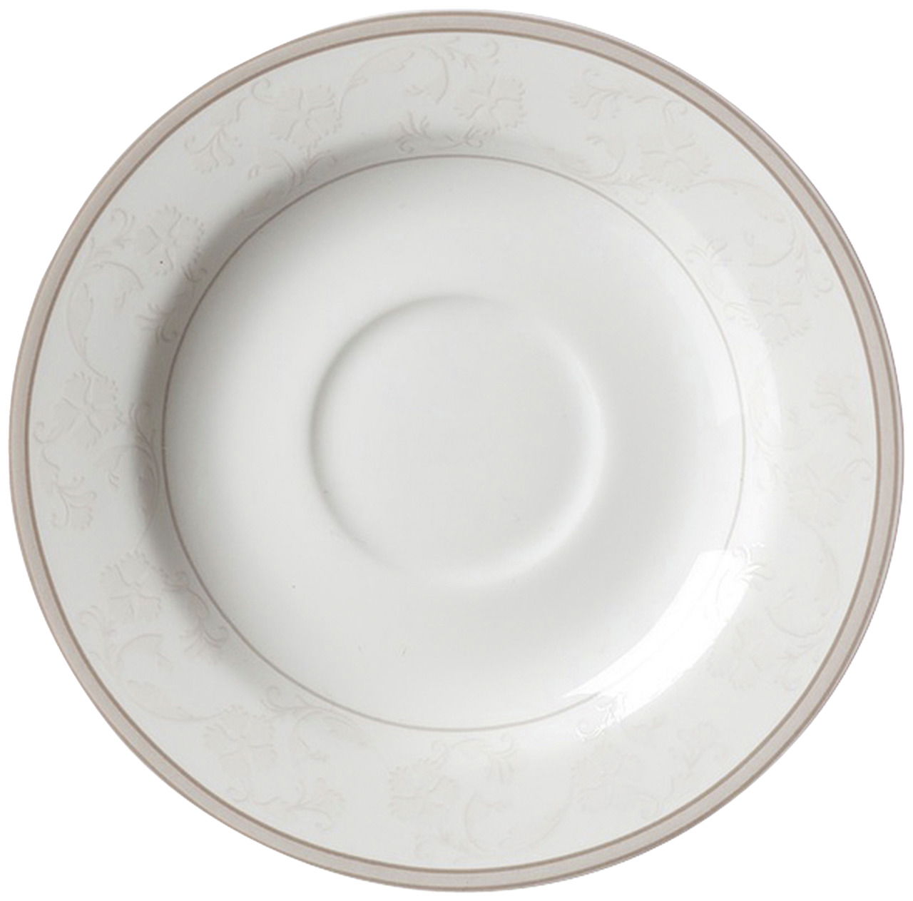 Espressountertasse Isabella in Draufsicht mit elegantem, floralem Muster und dezentem Rand.