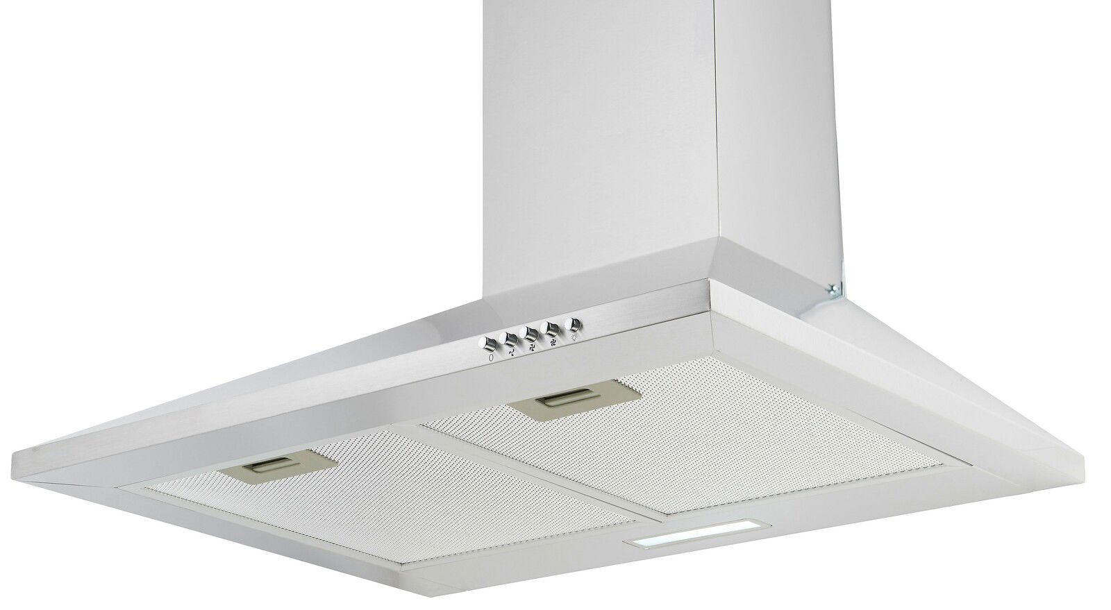 Moderne Edelstahl-Dunstabzugshaube aus der Froschperspektive mit Bedienelementen und Beleuchtung.