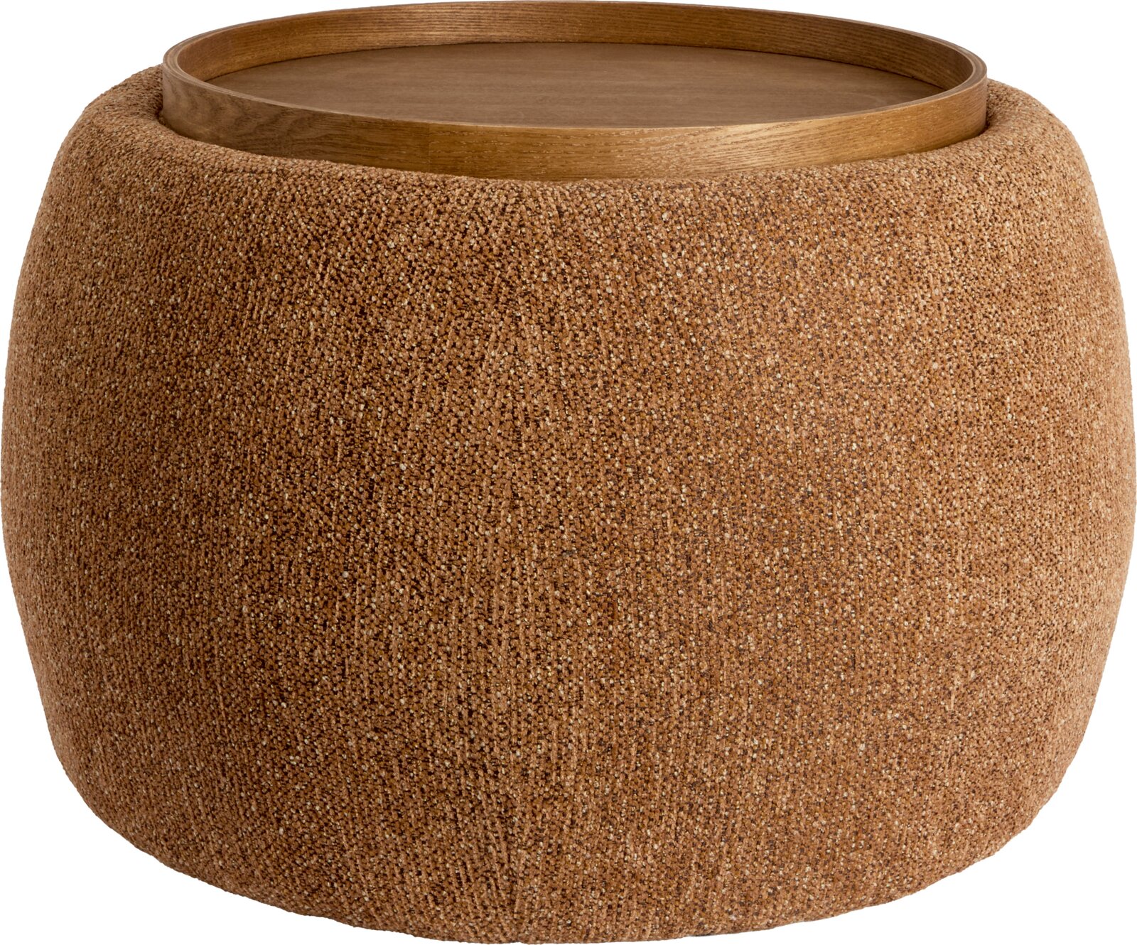 Light&Living Couchtisch RASHANA Runder, brauner Pouf/Beistelltisch mit grob strukturierter Stoffoberfläche und Holztablett oben, freigestellt auf Weiß, Ansicht leicht von oben frontal.