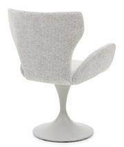 Rückansicht eines modernen Armlehnstuhls mit grauem Stoffbezug und drehbarem Sockel.