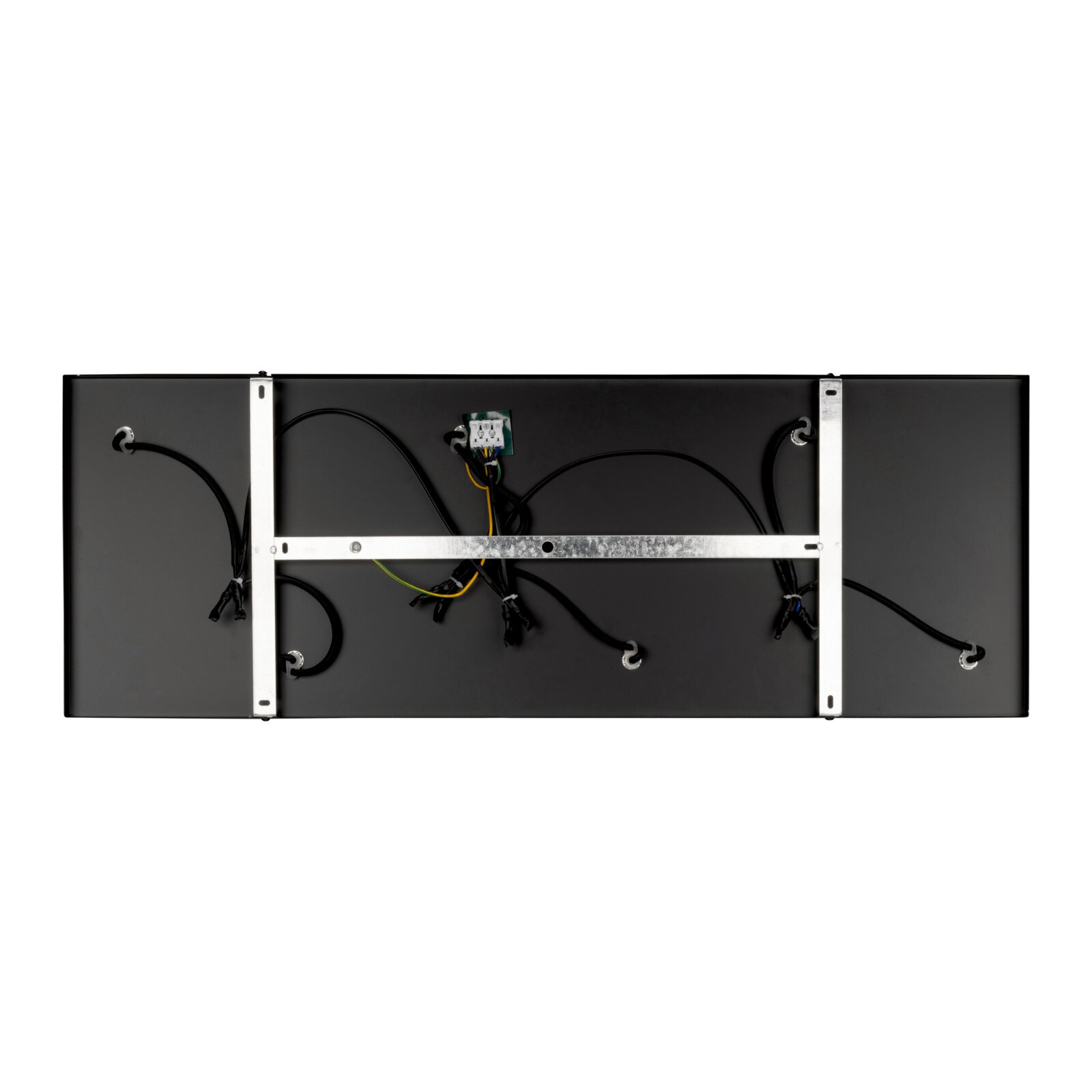 Rückansicht eines rechteckigen schwarzen LED-Panels mit Metall-Montageschienen, Anschlusskabeln und Klemmenblock, freigestellt auf weißem Hintergrund