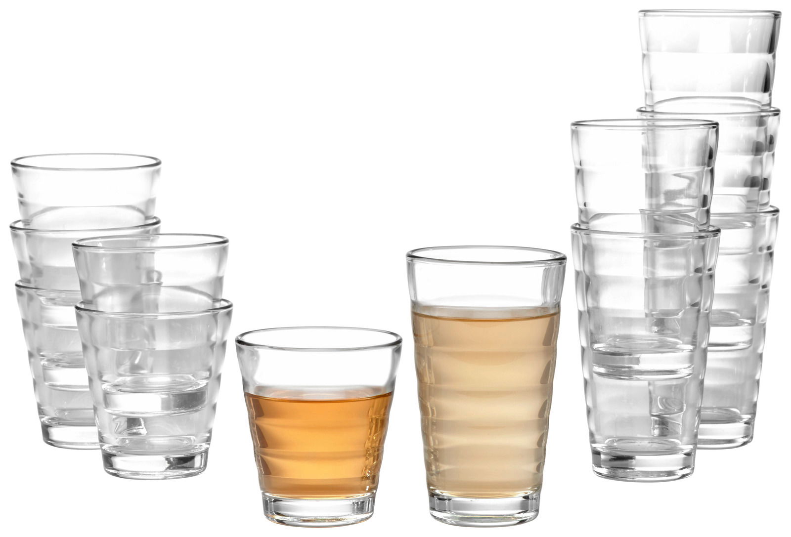 Becherset Wave 12-tlg. aus Glas, seitliche Perspektive, teilweise gefüllt mit Getränken