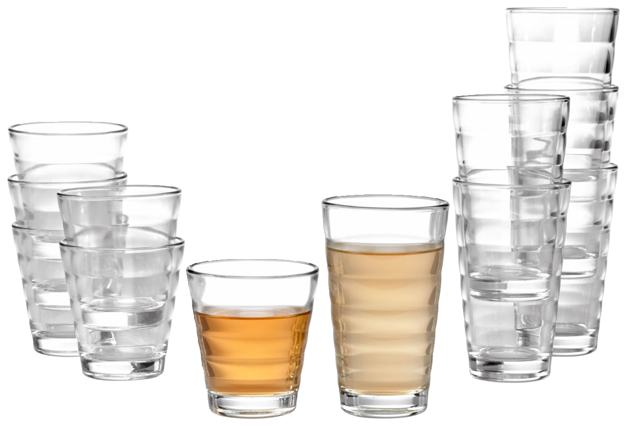 Becherset Wave 12-tlg. aus Glas, seitliche Perspektive, teilweise gefüllt mit Getränken