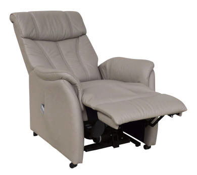 Bequemer Fernsehsessel in hellgrauem Leder, seitliche Perspektive mit ausgeklappter Fußstütze.