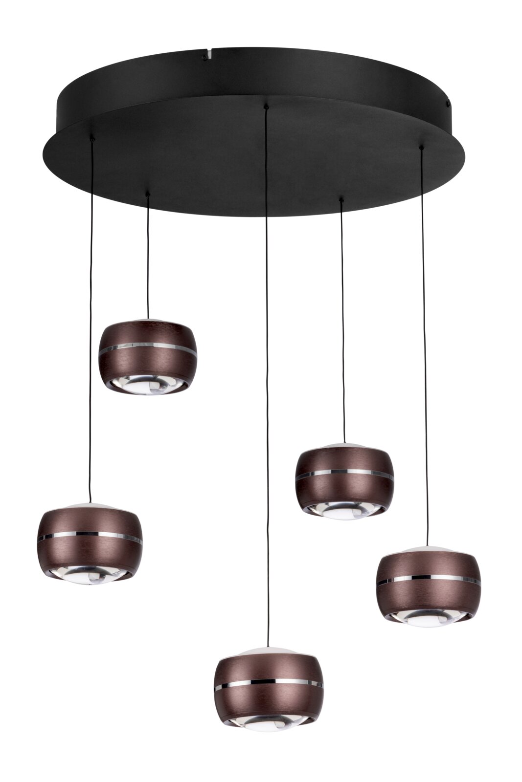 Moderne LED-hanglamp met vijf ronde, bruine lampenkappen, gezien van onderaf.