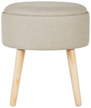 Beiger Hocker mit runder Sitzfläche und drei Holzbeinen, Frontalansicht