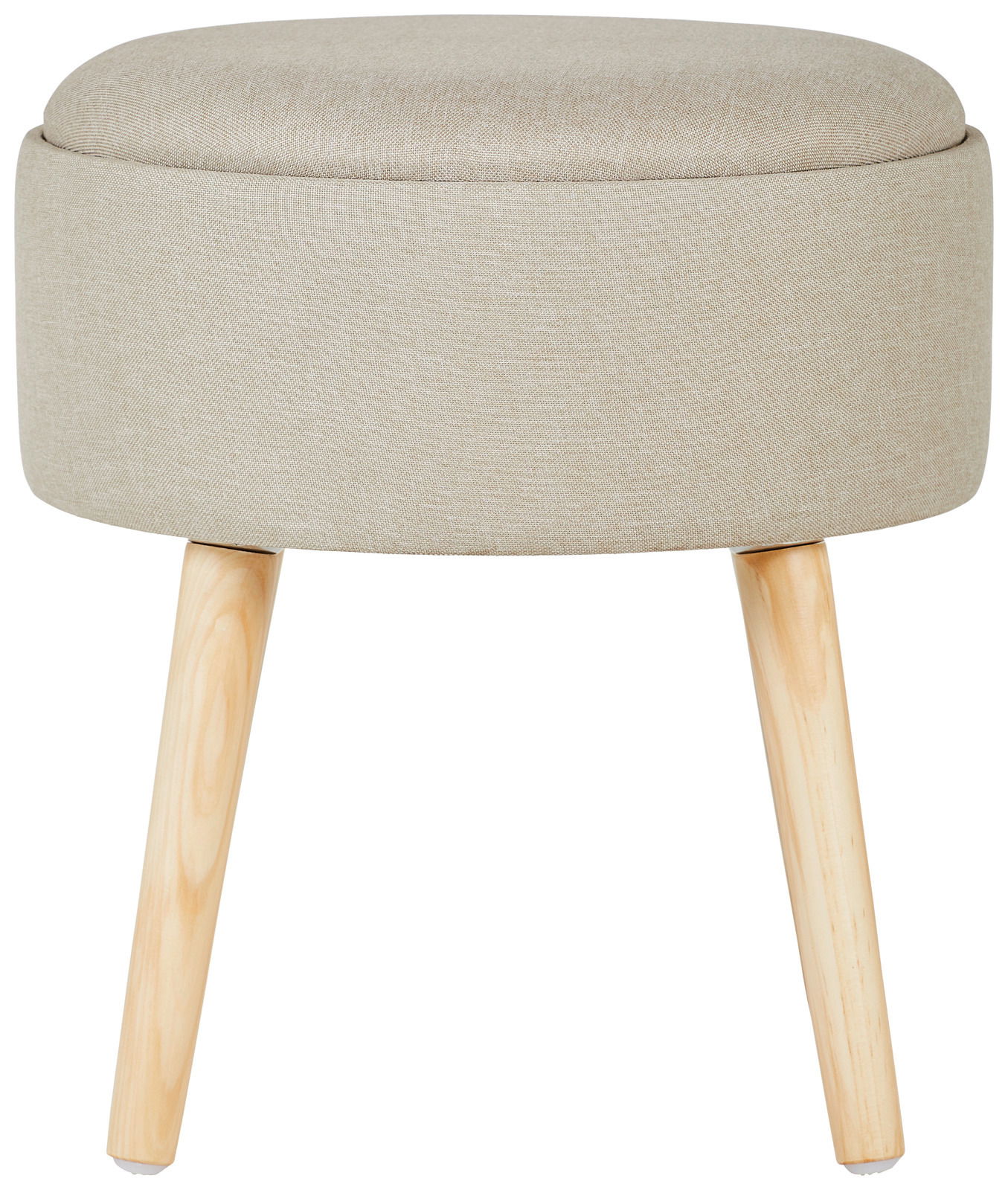Beiger Hocker mit runder Sitzfläche und drei Holzbeinen, Frontalansicht