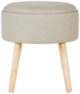 Beiger Hocker mit runder Sitzfläche und drei Holzbeinen, Frontalansicht