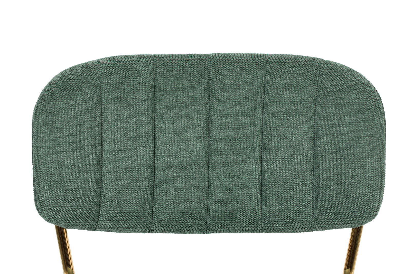 Rückansicht eines grünen Stuhls mit gepolsterter Rückenlehne und goldenen Beinen