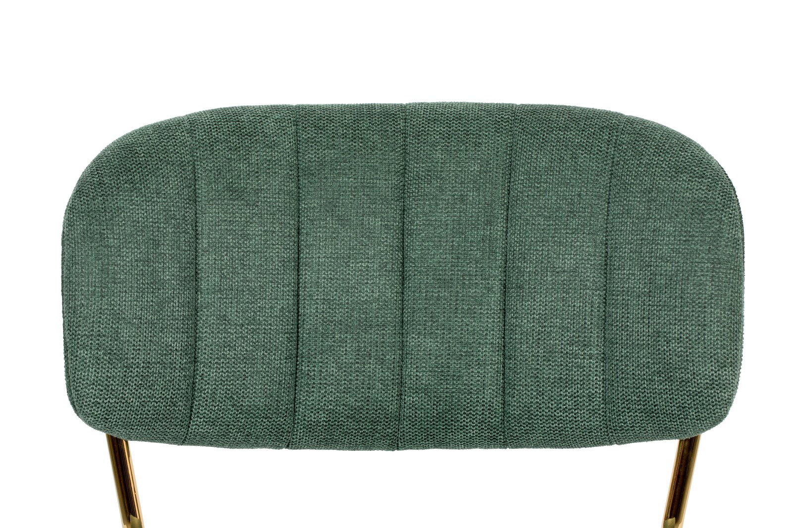 Rückansicht eines grünen Stuhls mit gepolsterter Rückenlehne und goldenen Beinen