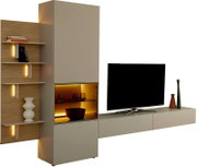 Moderne beige Wohnwand mit TV-Lowboard, Hochschrank, beleuchteter Vitrine und offenen Regalen in Holzoptik, aus frontaler Perspektive leicht von rechts dargestellt