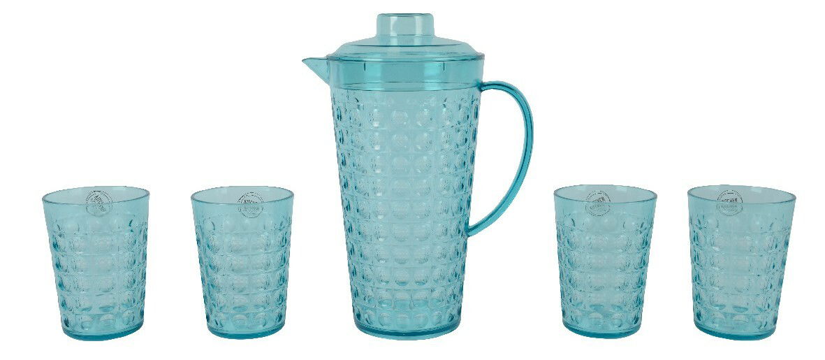 Blaues 5-teiliges Kannenset aus Kunststoff mit einer Kanne und vier passenden Bechern, frontal abgebildet.