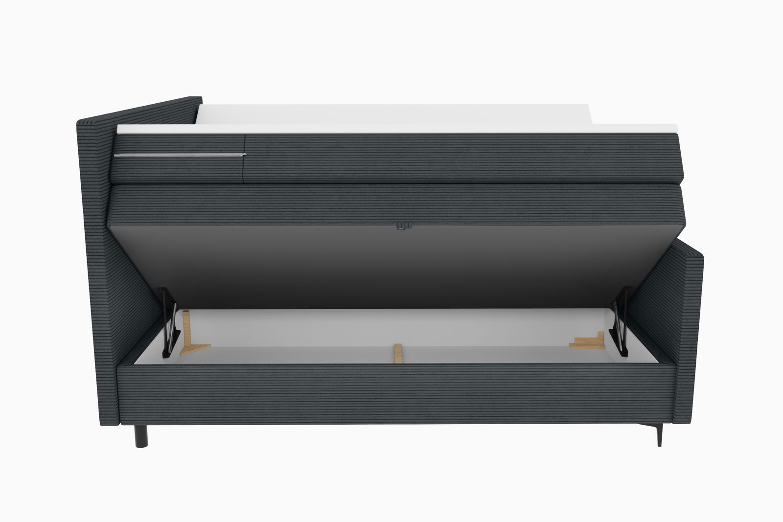 Boxspringbett mit geöffnetem Stauraum, Vorderansicht