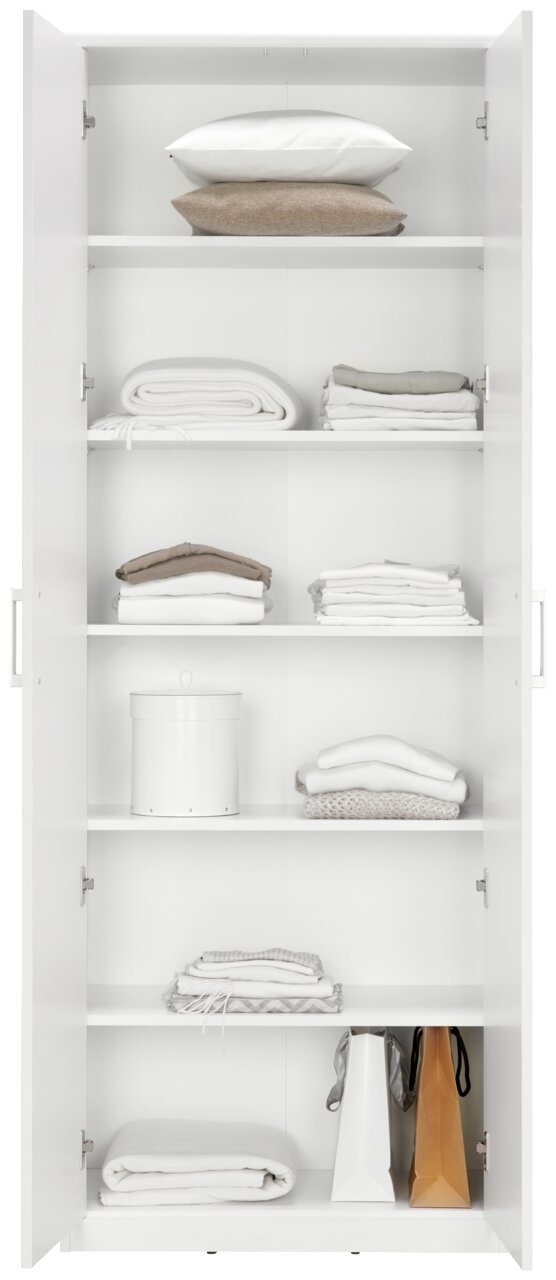 XORA Mehrzweckschrank EASY Mehrzweckschrank mit offenen Türen, gefüllt mit ordentlich gestapelten Kissen, Decken und Aufbewahrungsboxen, frontal betrachtet.