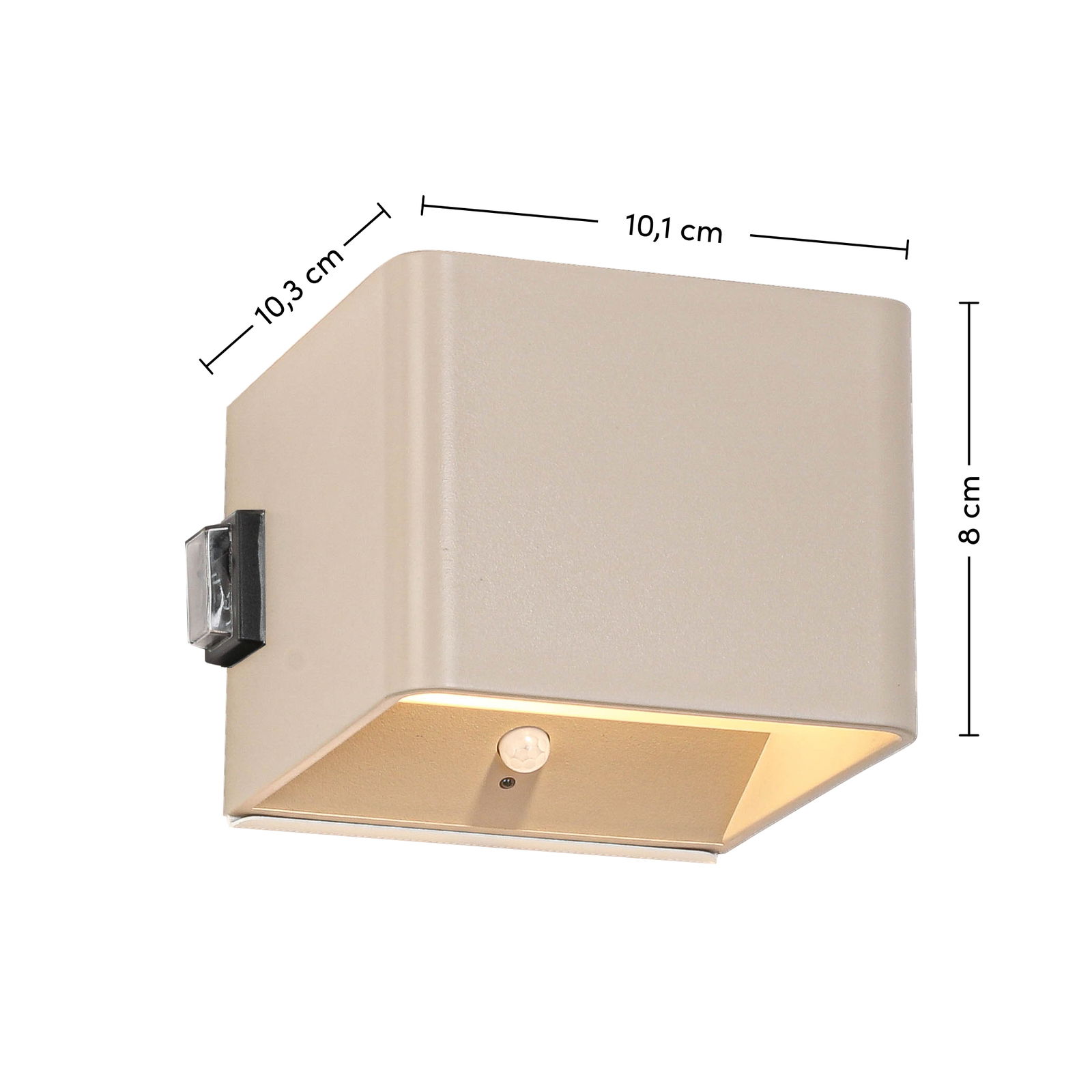 Akku-Wandleuchte in beige, quadratische Form mit Bewegungsmelder, seitliche Perspektive