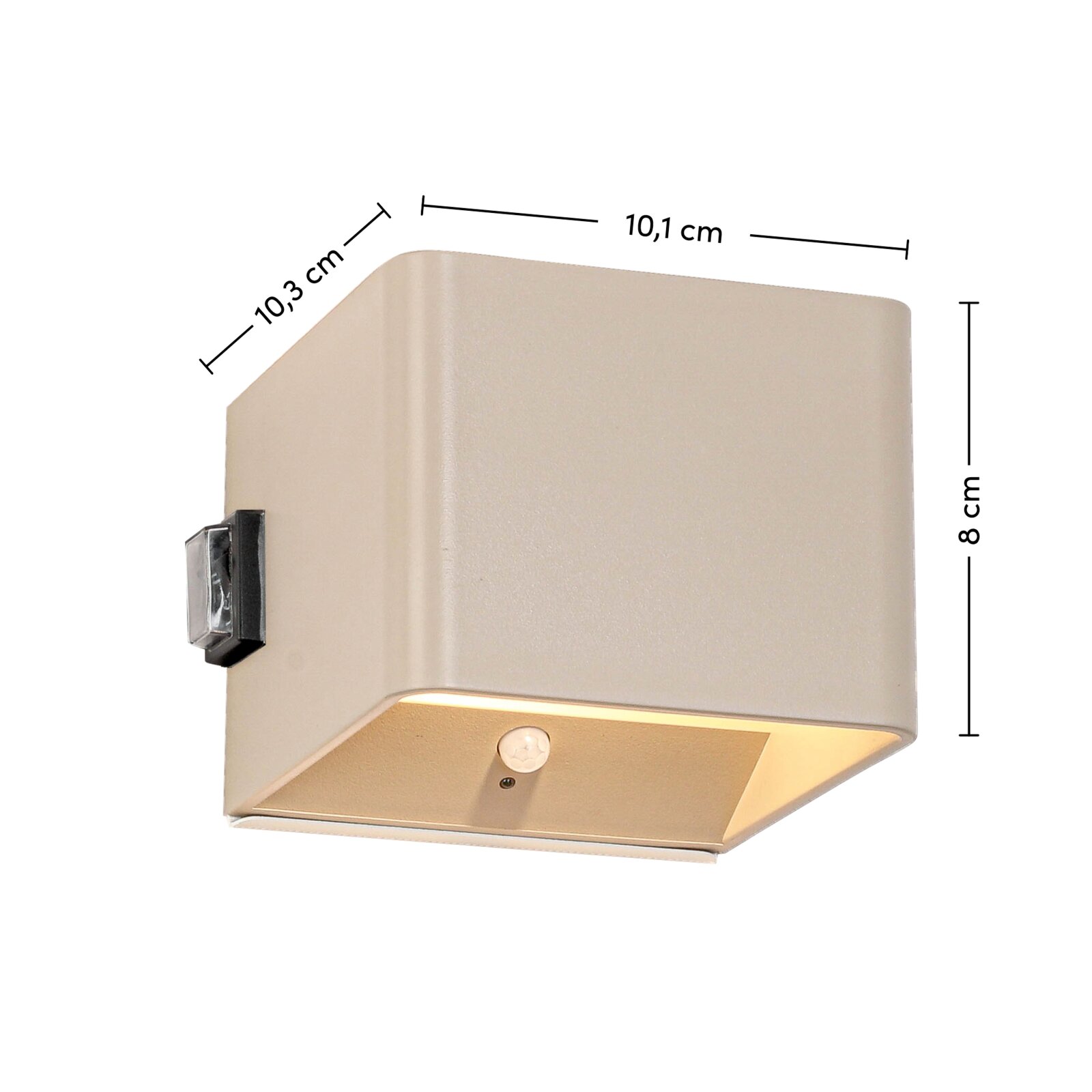 Akku-Wandleuchte in beige, quadratische Form mit Bewegungsmelder, seitliche Perspektive