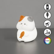 Niedliches Akku-Nachtlicht in Form einer sitzenden Katze mit einem Fisch in den Pfoten, seitliche Perspektive.