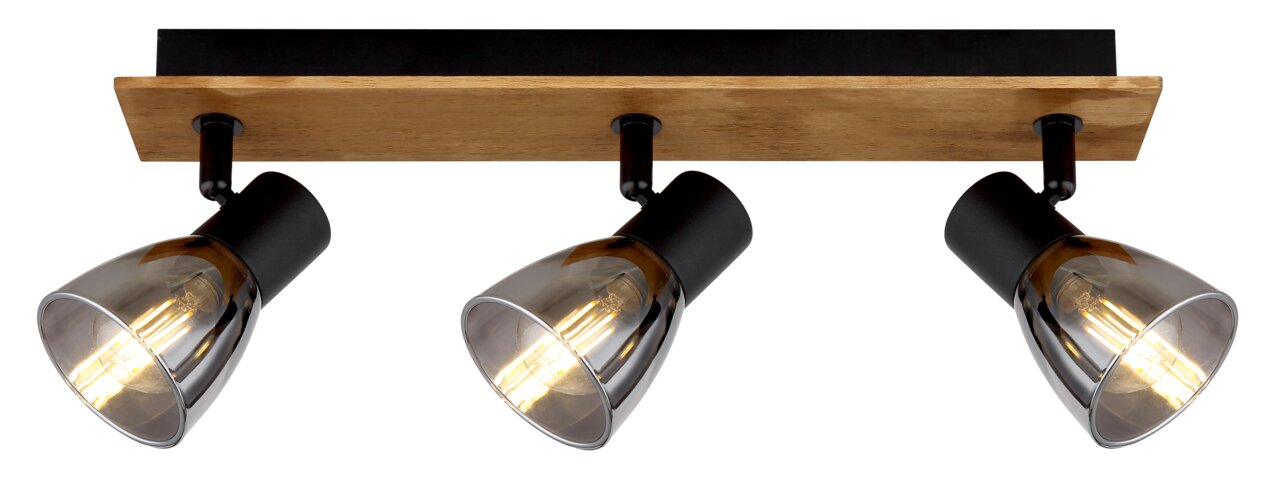 Dreifacher Deckenstrahler mit Holz- und Metallelementen, seitliche Perspektive
