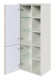 Weißer Midischrank mit zwei geöffneten Türen, mehreren Glas- und Holzböden, seitliche Perspektive