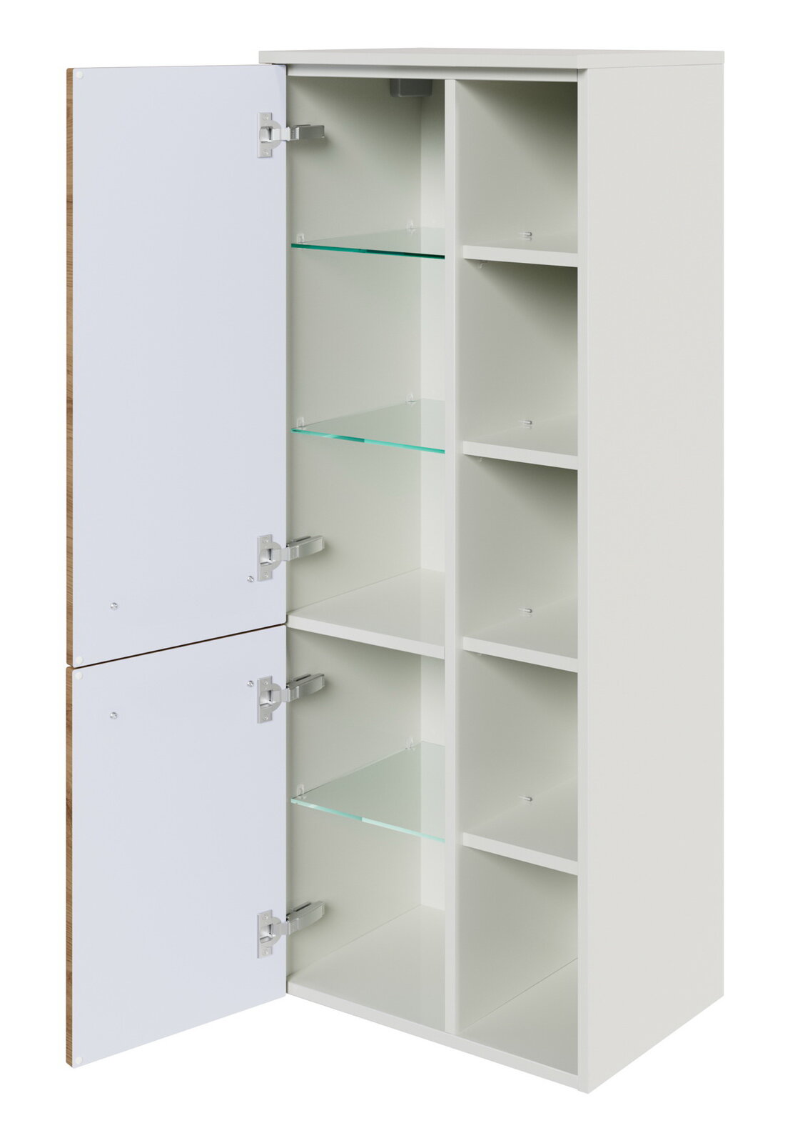 Weißer Midischrank mit zwei geöffneten Türen, mehreren Glas- und Holzböden, seitliche Perspektive