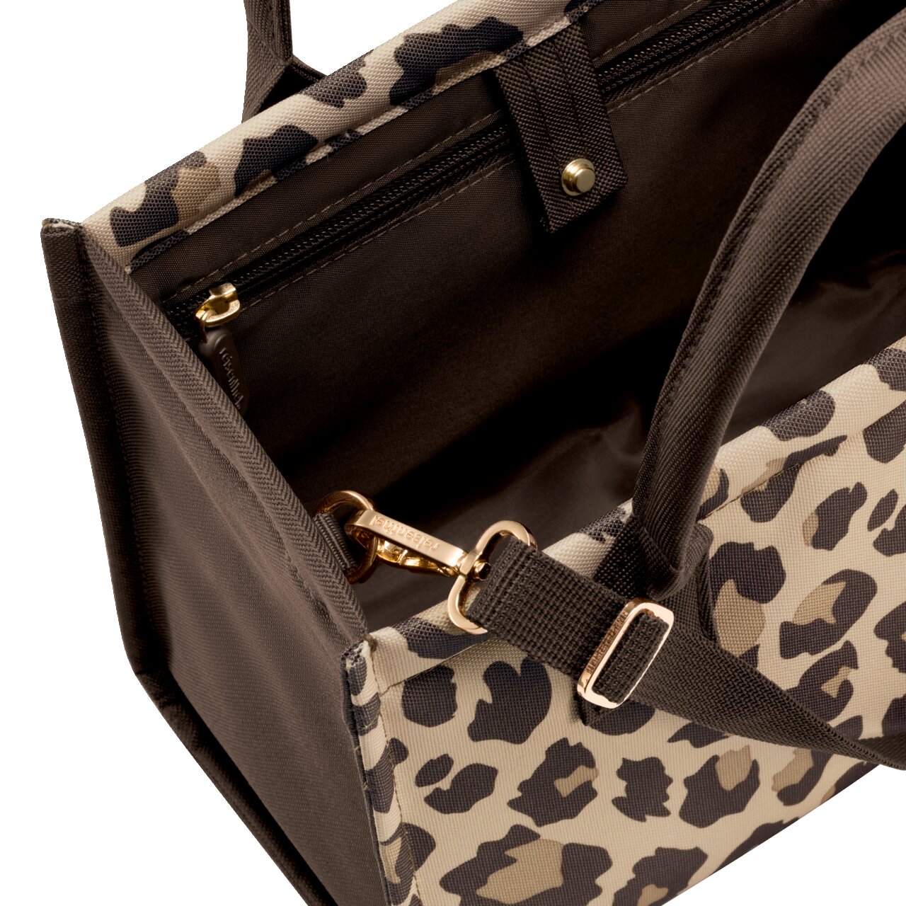 Leopardenmuster Shopper Tasche mit goldenen Details, von oben betrachtet.