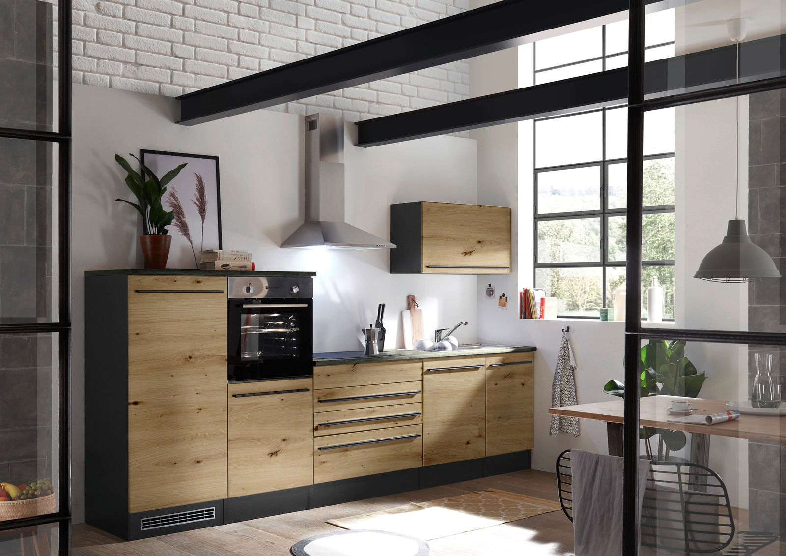 Yourkitchen Küchenblock 320 OHNE E-Geräte JAZZ Moderne Küchenzeile in Holzoptik mit integriertem Backofen und Dunstabzugshaube, seitliche Perspektive