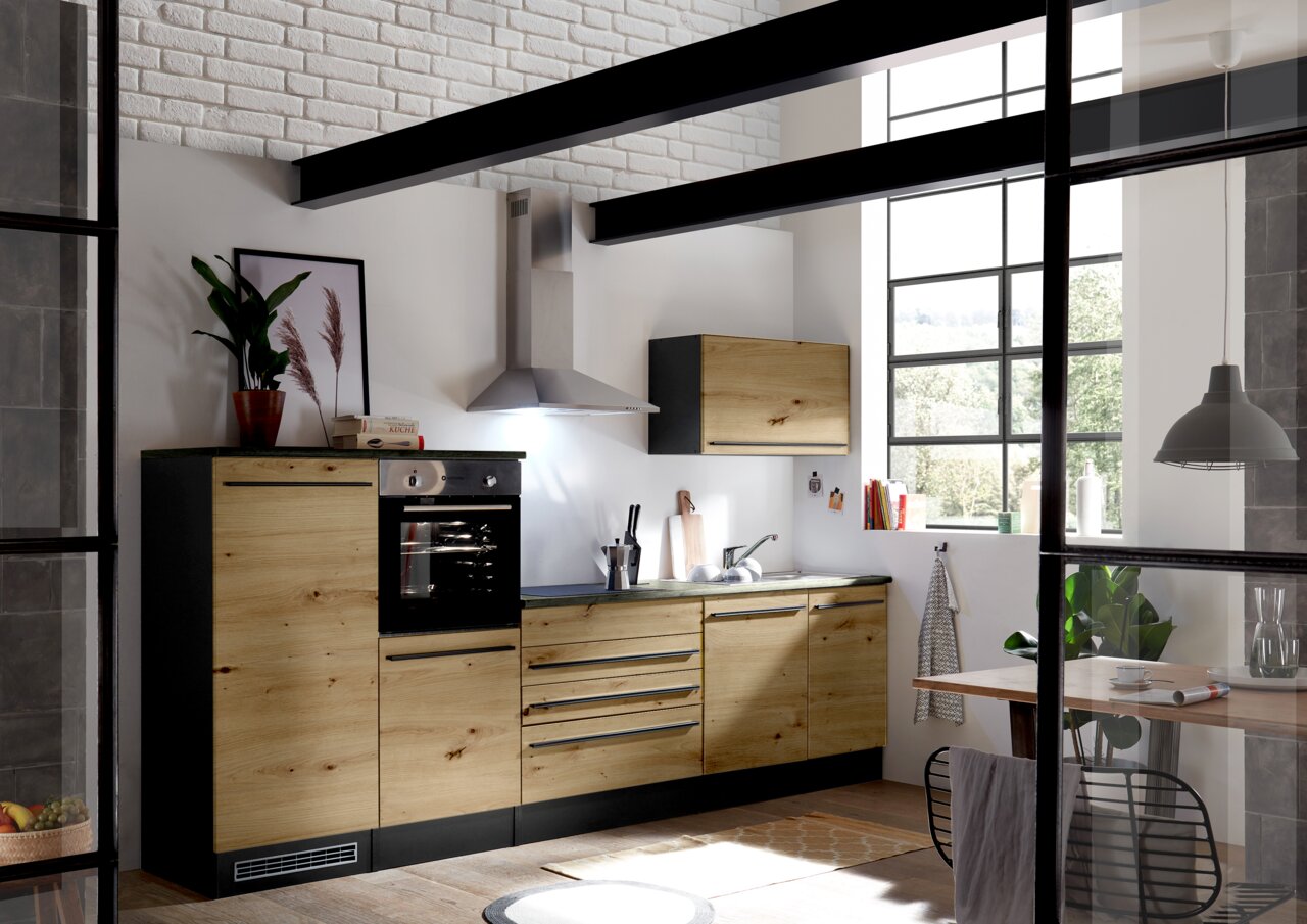 Yourkitchen Keukenblok 320 ZONDER elektrische apparaten JAZZ Moderne keukenblok in houtlook met ingebouwde oven en afzuigkap, zijaanzicht