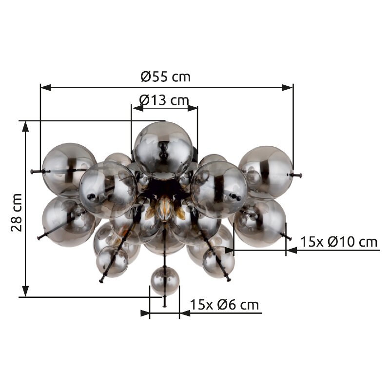 Deckenleuchte mit kugelförmigen Glaselementen, Ansicht von unten, Durchmesser 55 cm, Höhe 28 cm