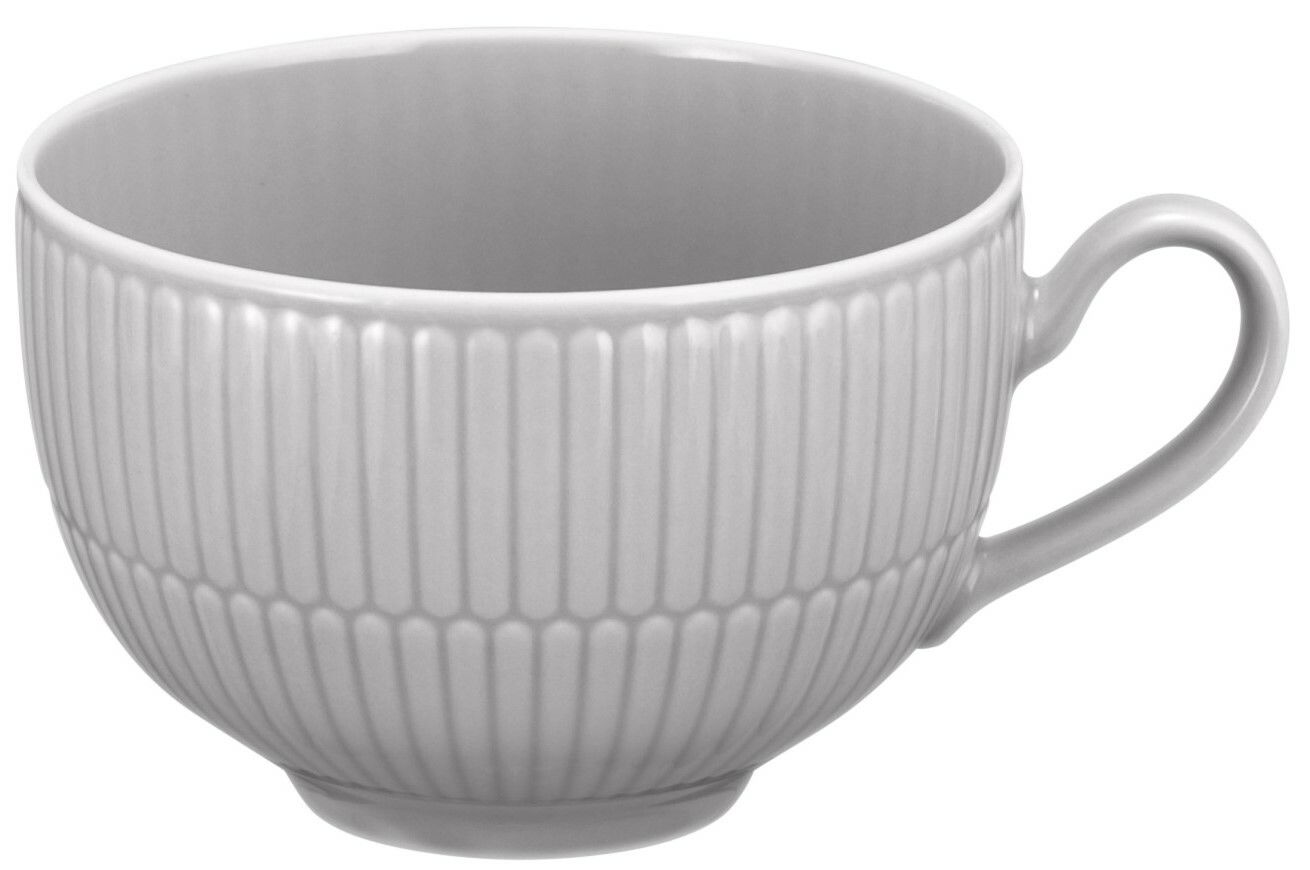 Graue Milchkaffeeobertasse mit geriffeltem Design, seitliche Perspektive