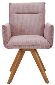 Rosa Armlehnstuhl mit Holzbeinen, Vorderansicht