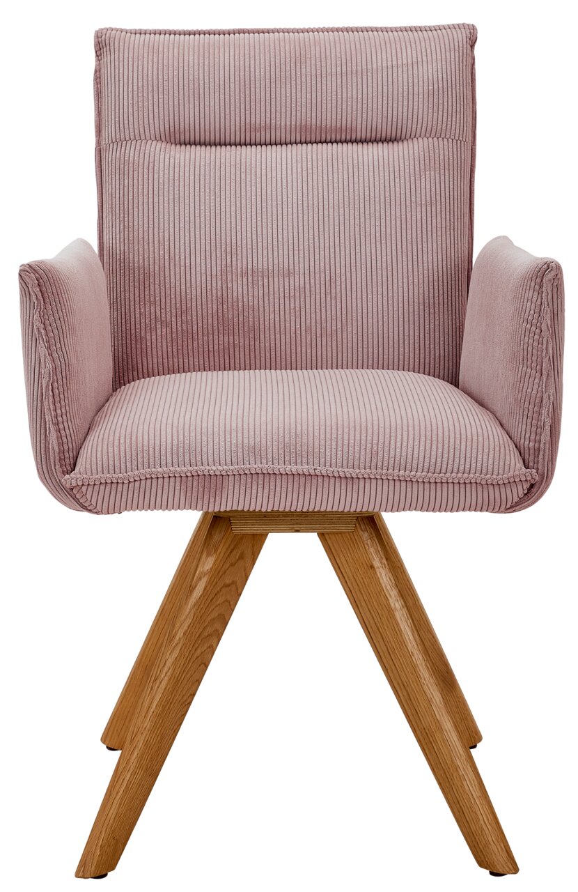 Rosa Armlehnstuhl mit Holzbeinen, Vorderansicht
