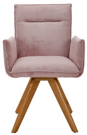 Rosa Armlehnstuhl mit Holzbeinen, Vorderansicht