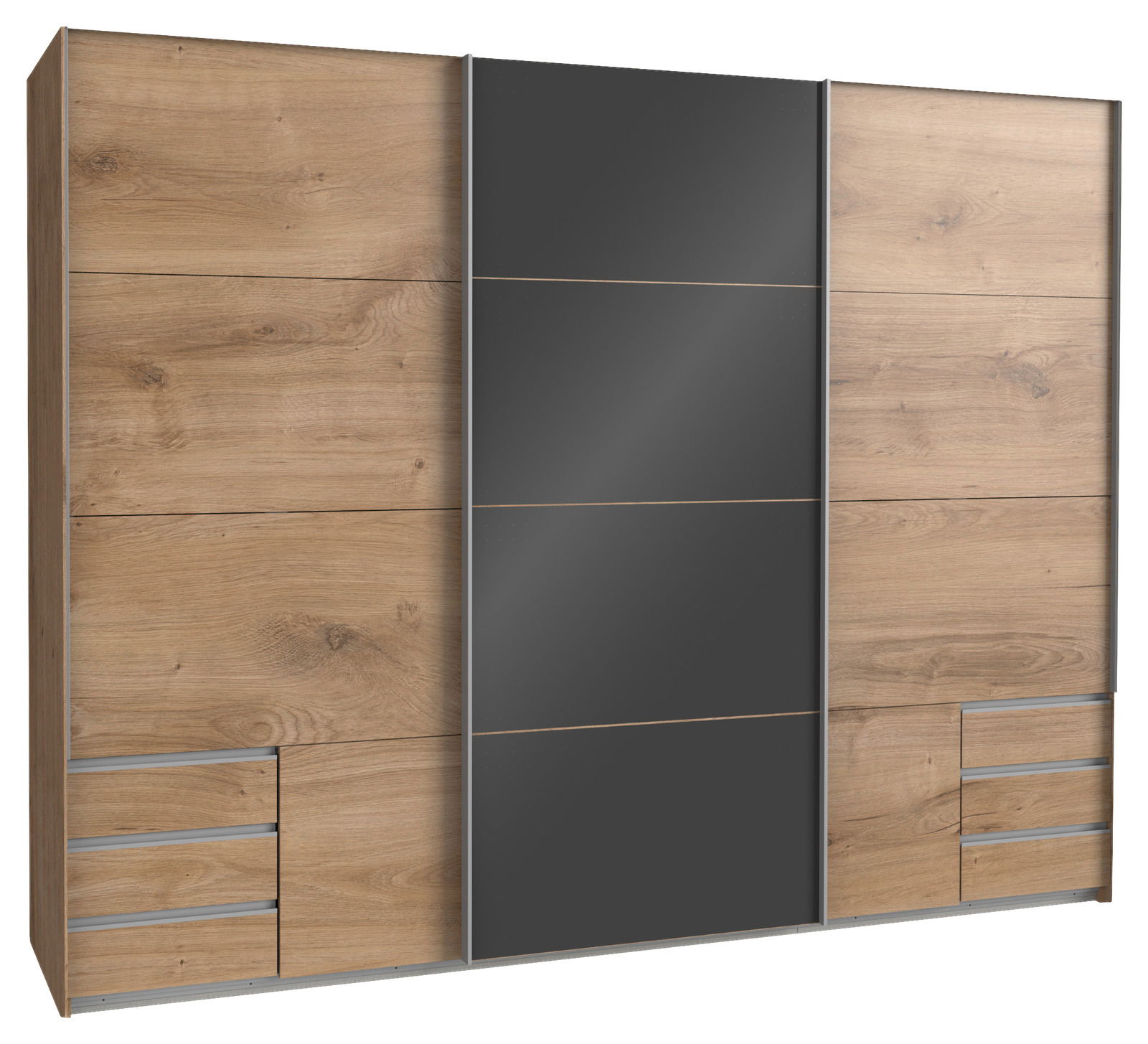 Moderner dreitüriger Schwebetürenschrank in Holzoptik mit mittlerer Spiegeltür, Frontalansicht.