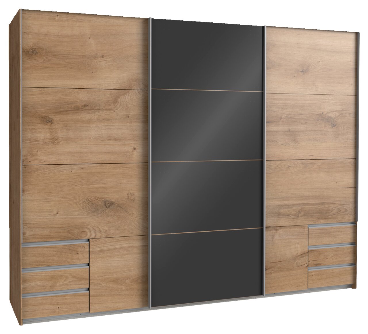 Moderner dreitüriger Schwebetürenschrank in Holzoptik mit mittlerer Spiegeltür, Frontalansicht.