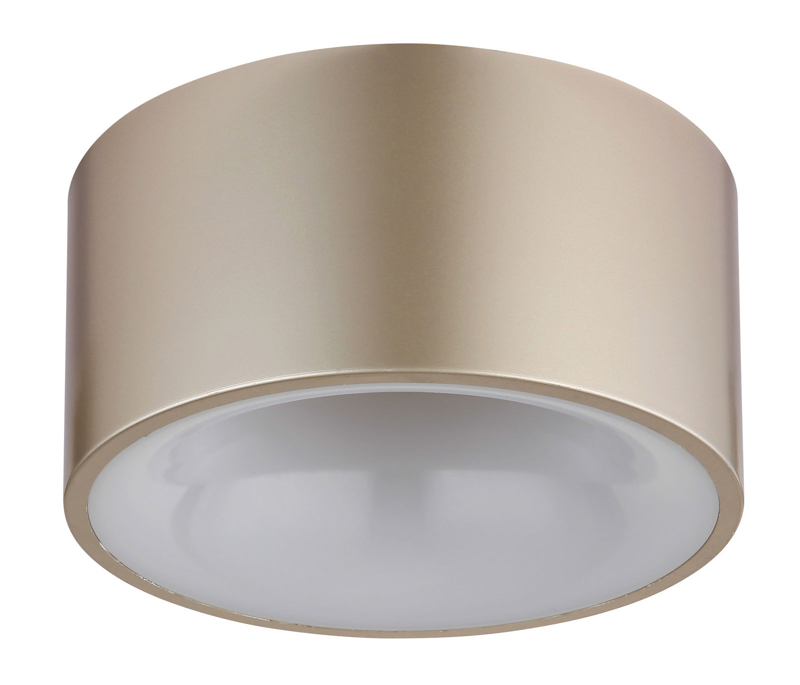 Runde Deckenleuchte in goldener Farbe, seitliche Perspektive