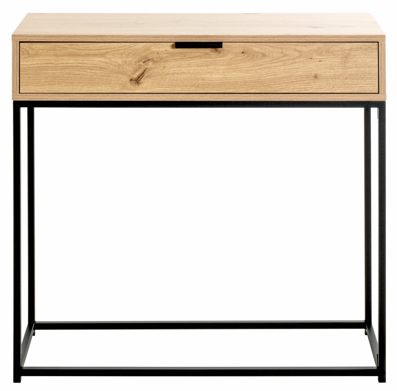 Moderne Konsole aus Holz mit schwarzem Metallgestell, Frontalansicht