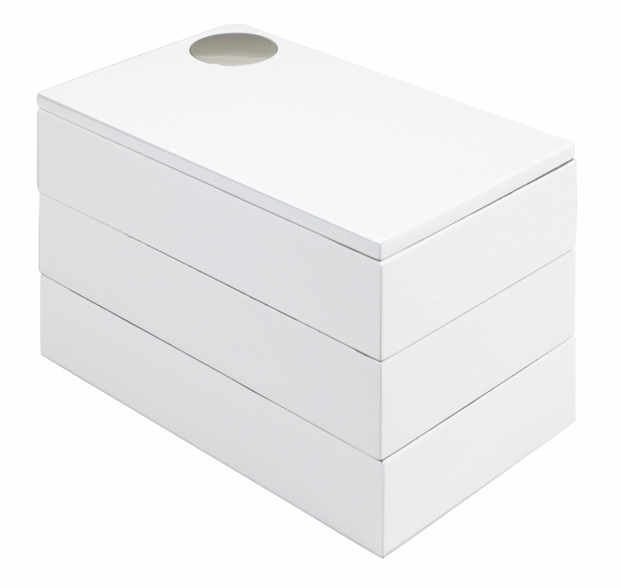 Weiße Spindle Schmuckbox aus der Perspektive von oben und seitlich, mit einem runden Griff auf dem Deckel.