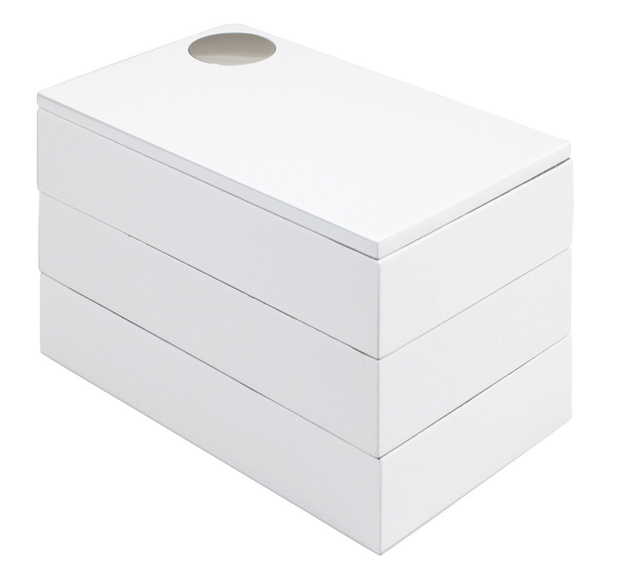 Weiße Spindle Schmuckbox aus der Perspektive von oben und seitlich, mit einem runden Griff auf dem Deckel.