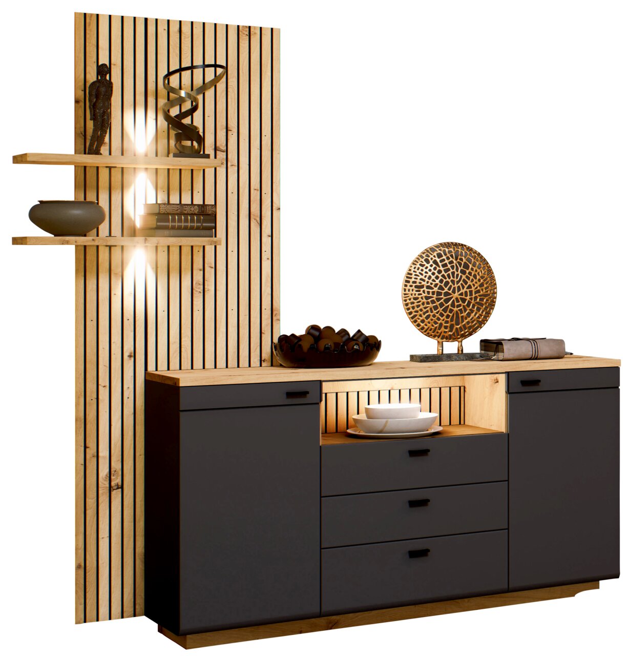Moderne Sideboardkombination RENO mit Holz- und Dunkelgrau-Elementen, seitliche Regale und dekorative Beleuchtung, Frontalansicht.