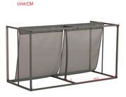 Seitliche Ansicht eines Metallrahmens für ein 2-sitziges Lounge-Sofa, mit grauem Netzgewebe und Maßangaben in Zentimetern.