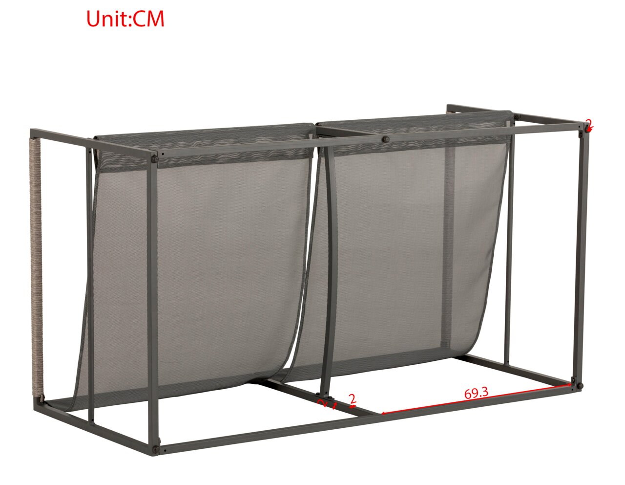 Seitliche Ansicht eines Metallrahmens für ein 2-sitziges Lounge-Sofa, mit grauem Netzgewebe und Maßangaben in Zentimetern.