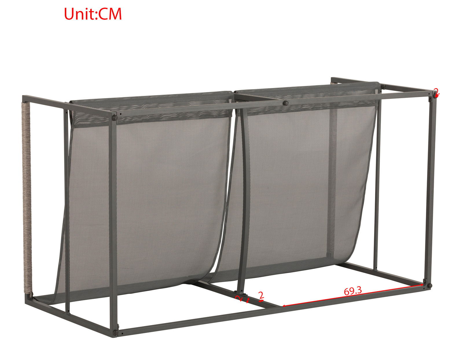 Seitliche Ansicht eines Metallrahmens für ein 2-sitziges Lounge-Sofa, mit grauem Netzgewebe und Maßangaben in Zentimetern.