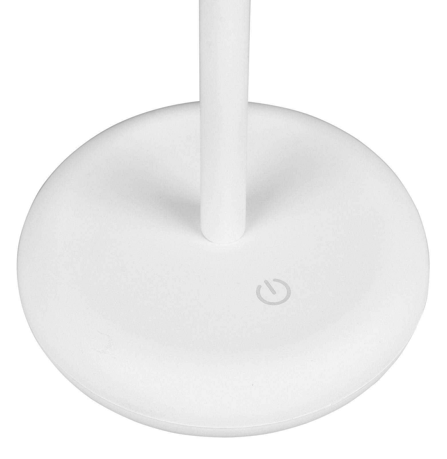 Nahaufnahme der Basis einer weißen Akku-Tischleuchte mit einem Touch-Schalter.