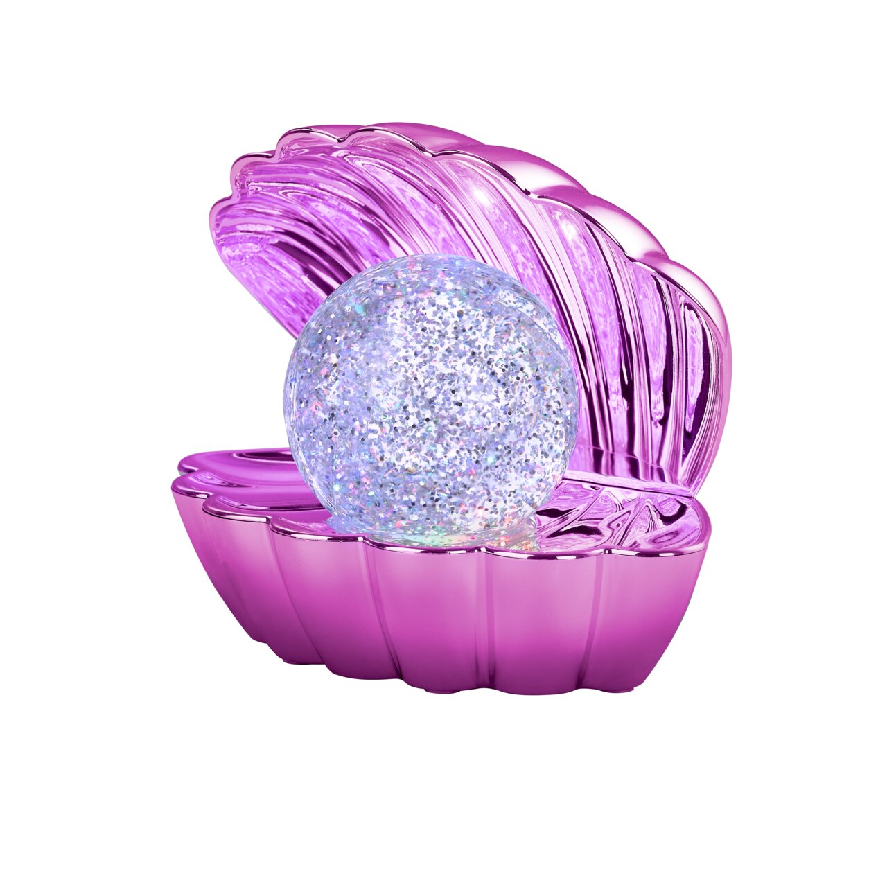 LED-Tischleuchte in Form einer geöffneten Muschel mit glitzernder Kugel, seitliche Perspektive