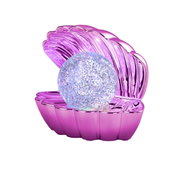 LED-Tischleuchte in Form einer geöffneten Muschel mit glitzernder Kugel, seitliche Perspektive