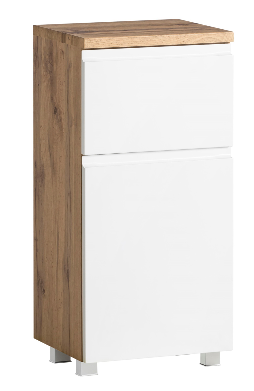 Moderner Unterschrank mit weißer Front und Holzoptik von schräg vorne betrachtet.