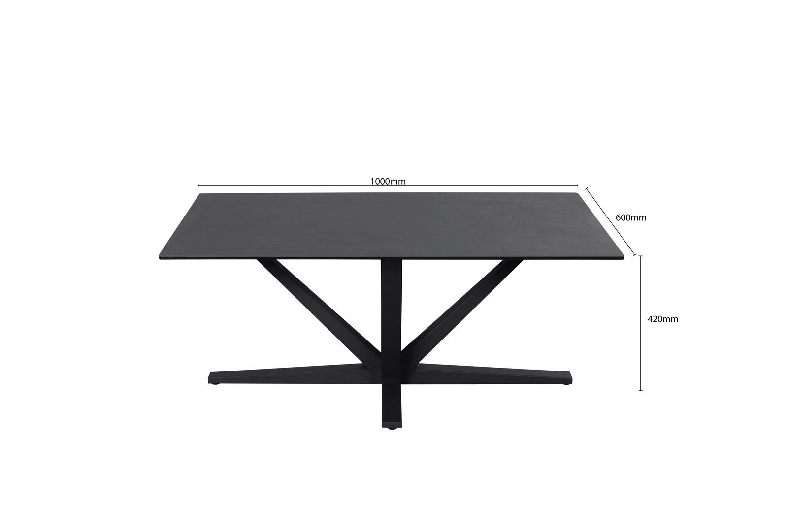 Moderner schwarzer Couchtisch mit rechteckiger Tischplatte und V-förmigem Gestell, seitliche Perspektive.