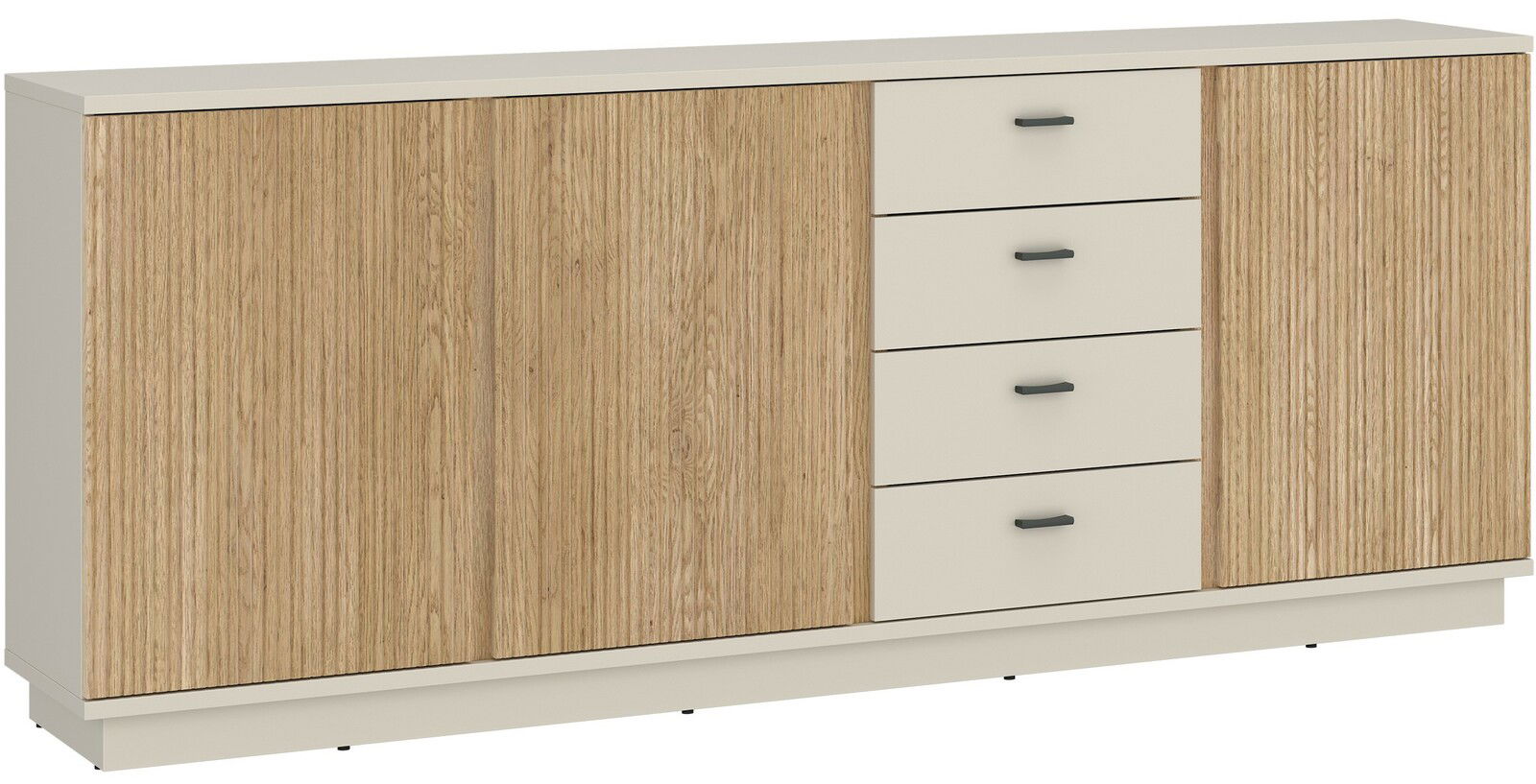 Modernes Sideboard mit Holzoptik und weißen Schubladen, seitliche Perspektive