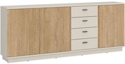 Modernes Sideboard mit Holzoptik und weißen Schubladen, seitliche Perspektive