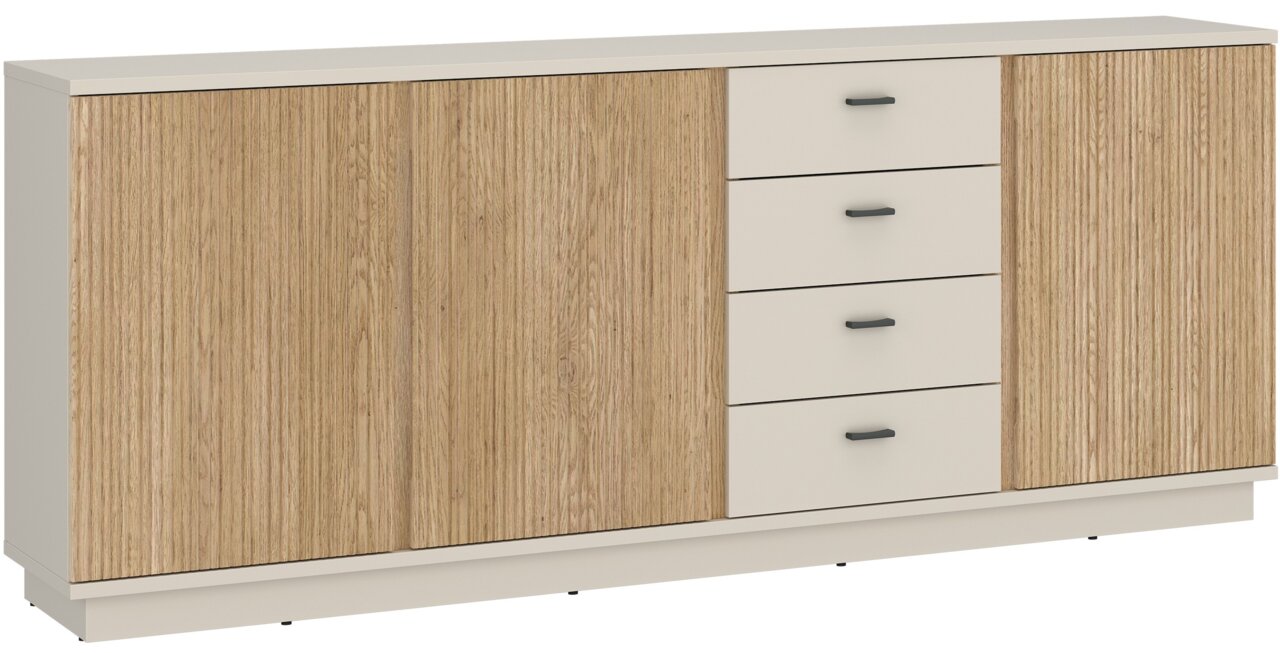 Modernes Sideboard mit Holzoptik und weißen Schubladen, seitliche Perspektive